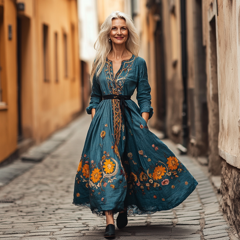 Women's Cotton Linen Ethnic Print Loose Dress