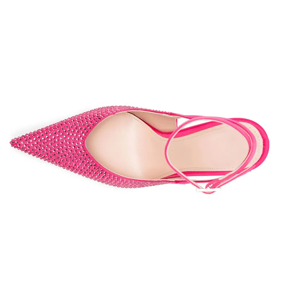 Hot Pink Satin Pointed Toe All-Over Rhinestone Ankle Strap Pumps Heels