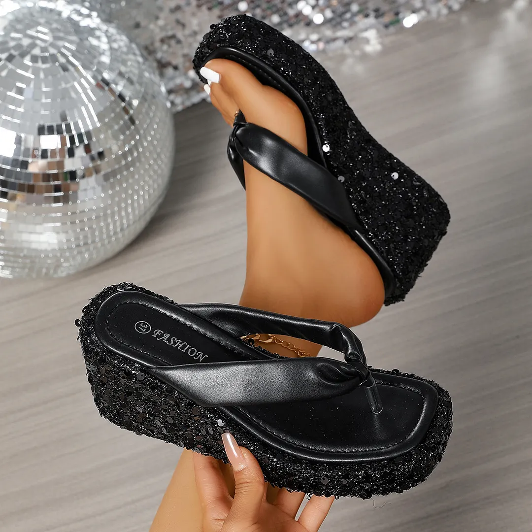 Breakj Breakj Summer New Square Head Pine Cake Thick Bottom Slippers Transparent One-Word Style High And High Women Wearing Squins Cool Drag