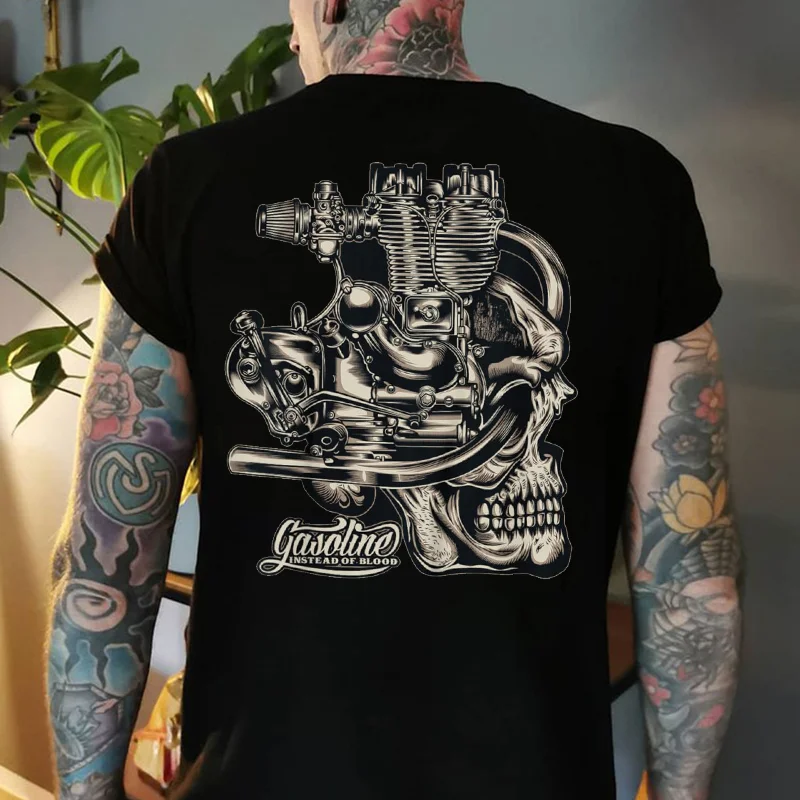 GASOLINE INSTEAD OF BLOOD Skull Engine Print Men's T-shirt