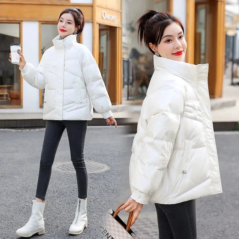 2023 New Women's Parkas Winter Jacket Long Sleeves Glossy Down Cotton Jacket Thick Warm Parka Casual Loose Student Coat Outwear