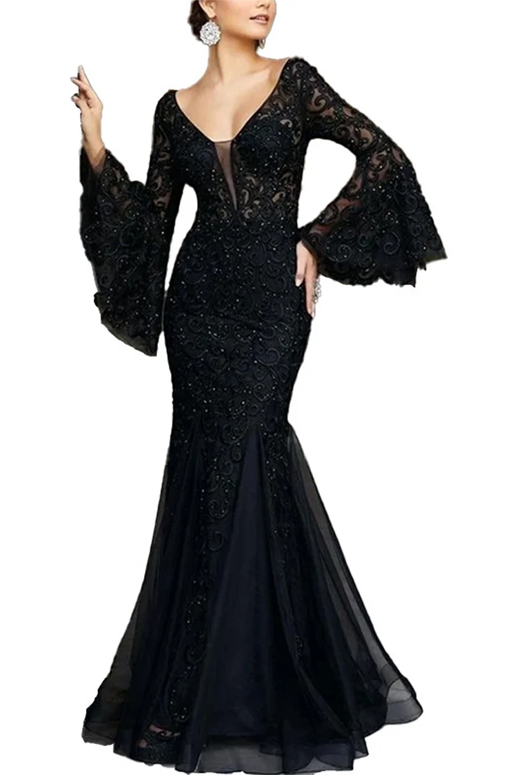 Evening Gown Black Lace Embroidery Flare Sleeve Deep V Neck Mermaid Maxi Dress