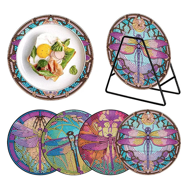 4 PCS Wood Dolphin Diamond Painted Placemats with Holder for Kitchen Decor