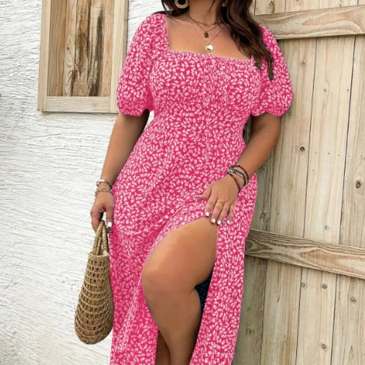 💖LETZTER TAG IM ANGEBOT: 50 % RABATT💐Kurz&auml;rmeliges Kleid mit Schlitz und Blumenmuster