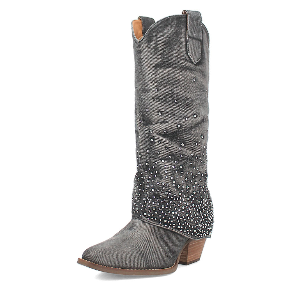 Grey Denim Almond Toe Chunky Heel Fold Over Boots with Rhinestone