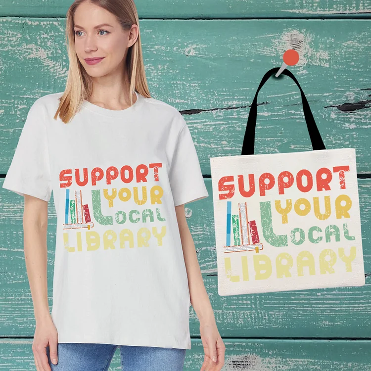 Support Your Local Library Casual T-Shirt With Handbag -BSTC1660