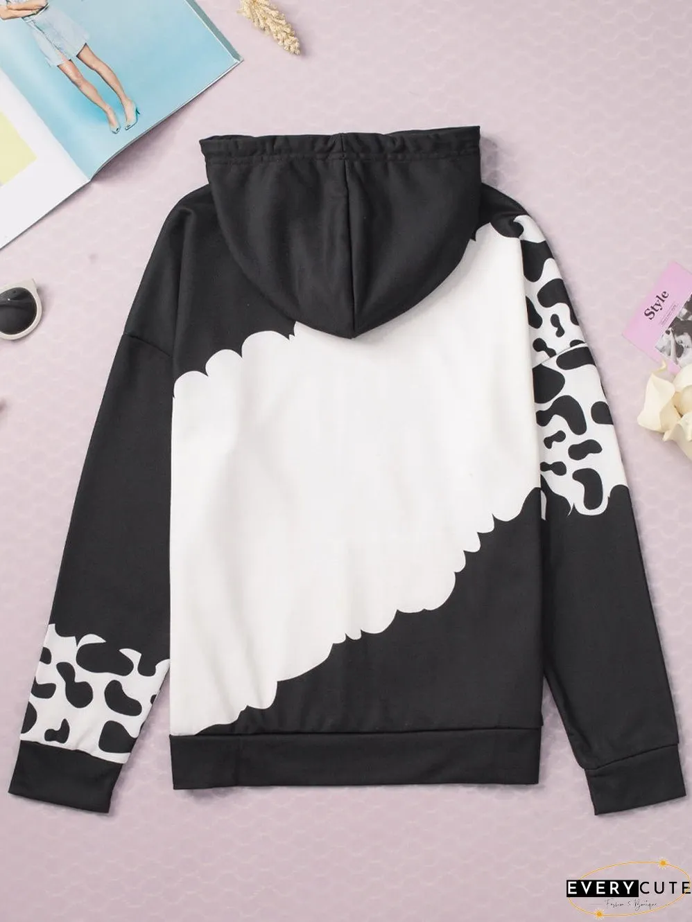 Cow Print Tie Dye Drawstring Hoodie with Pockets