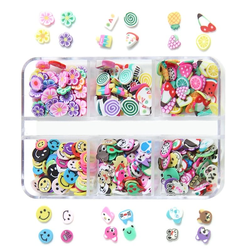 Agreedl 6 Grids Mix 3D Fruit Flower Slices Nail Art Decoration Polymer Clay Designs Slices Sticker DIY Nail Charms Supplies Accessories
