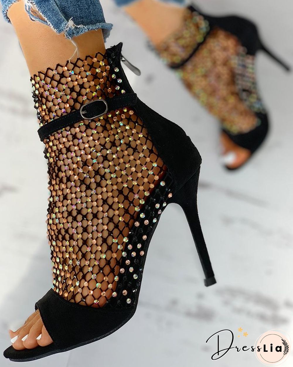 Studded Grid Mesh Open Toe Thin Heels
