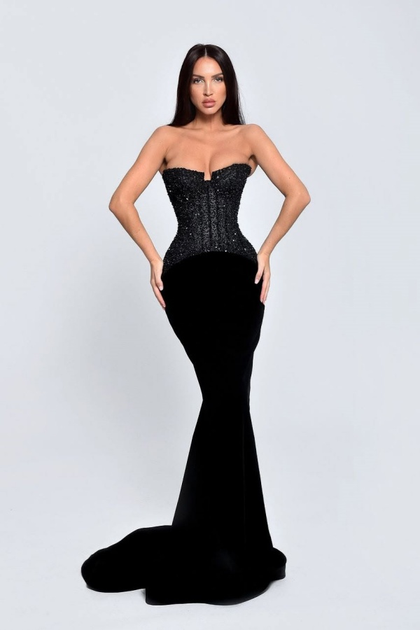 Mermaid Black Strapless Sequins Velvet Prom Dress