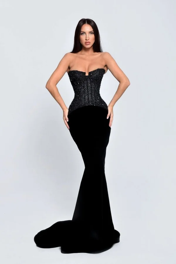 Black Mermaid Strapless Sequins Velvet Prom Dress ZT0745