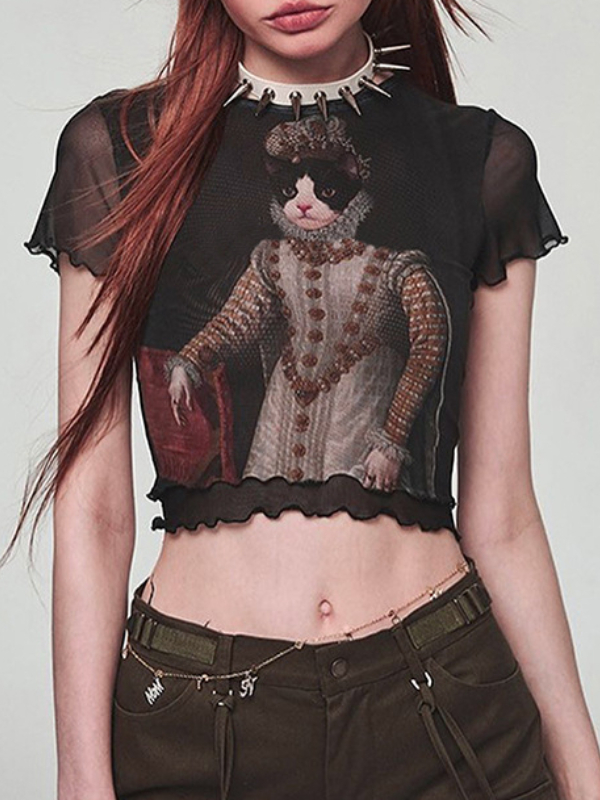Retro Cat Print Mesh Paneled Wave shaped Top