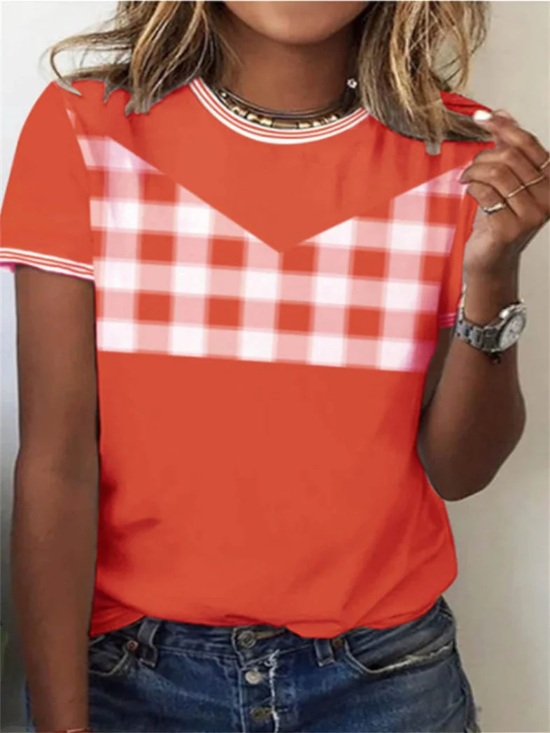 Women's Summer Scoop Neck Casual Loose Plaid Print Short Sleeve Top