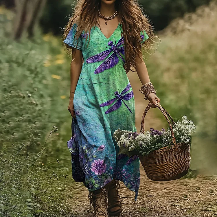 Women's Dragonfly Floral Print V-neck Loose Midi Dress