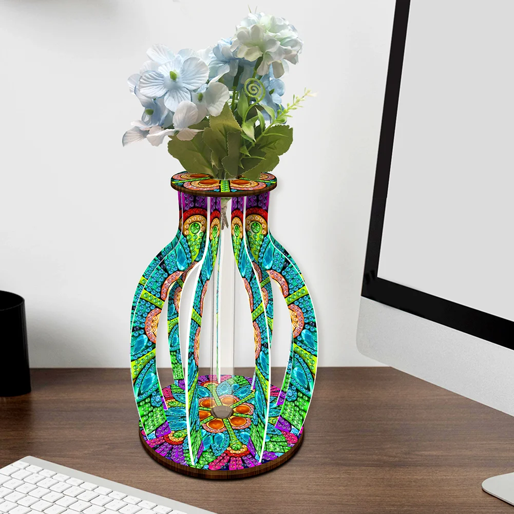 DIY Wood Mandala Diamond Painting Flower Vase Ornaments for Home Office Decor