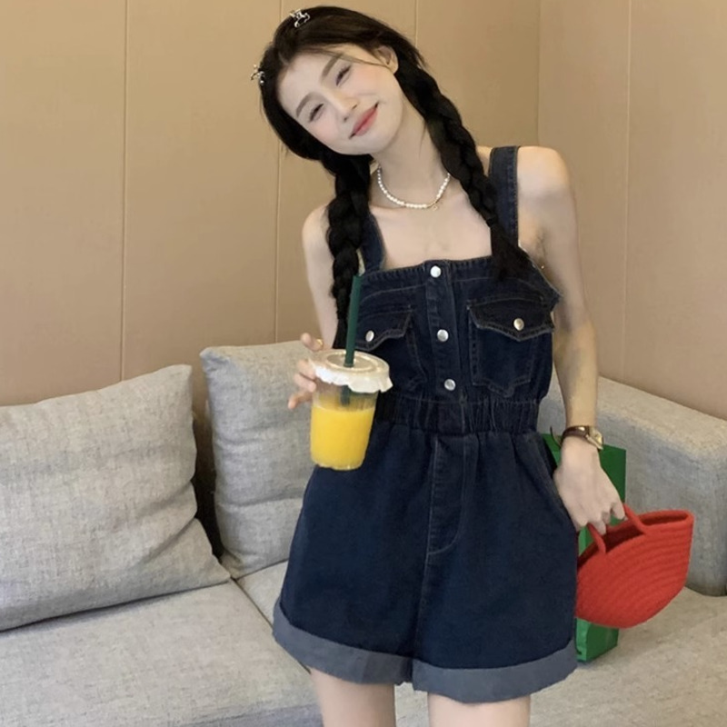 Bonushev Curled Work Overalls Women's Denim Shorts Summer New Retro Design High Waist Loose Slimming Wide Leg Pants