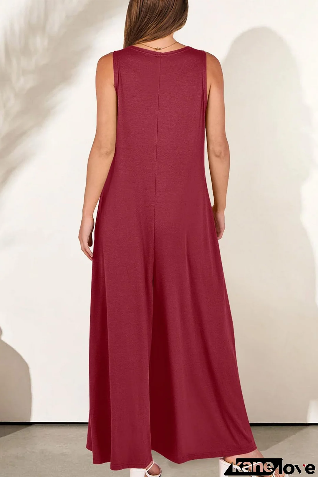Solid V Neck Pocket Wide Leg Jumpsuits
