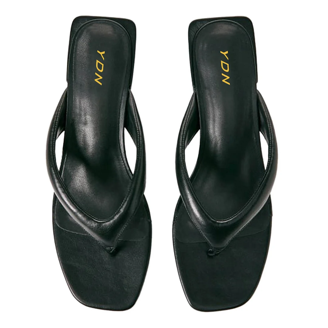 Black Vegan Leather Open Toe Block Heel Flip Flop Mules for Women