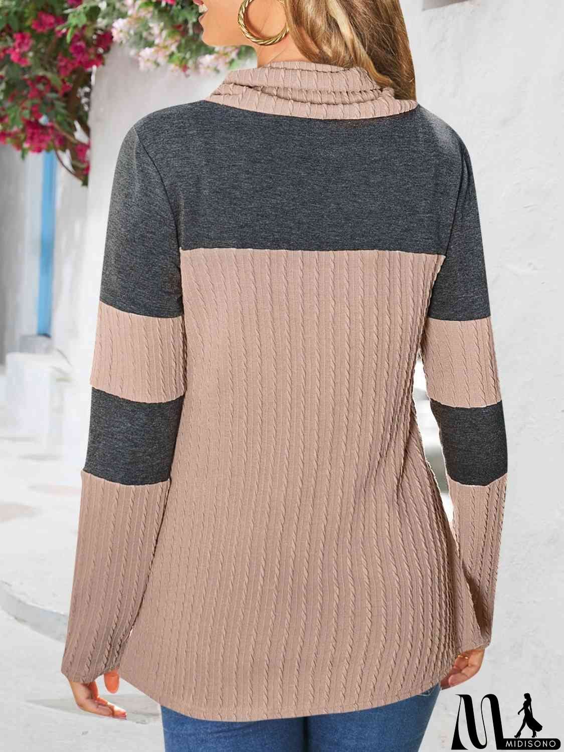 MidiSono - Contrast Drawstring Long Sleeve Top