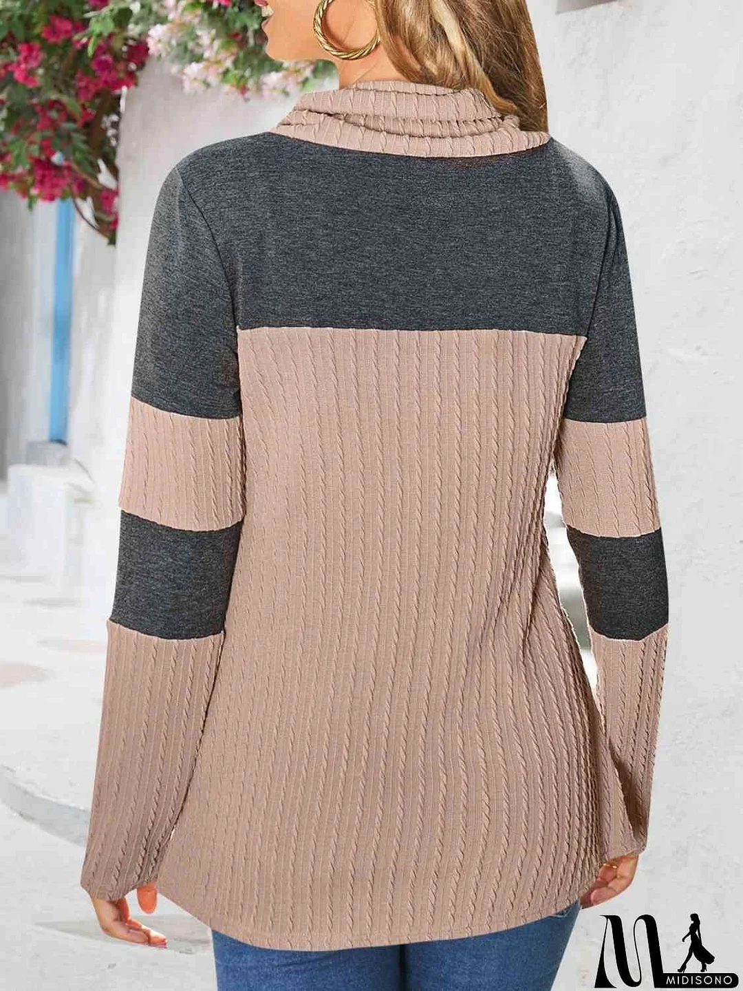 MidiSono - Contrast Drawstring Long Sleeve Top