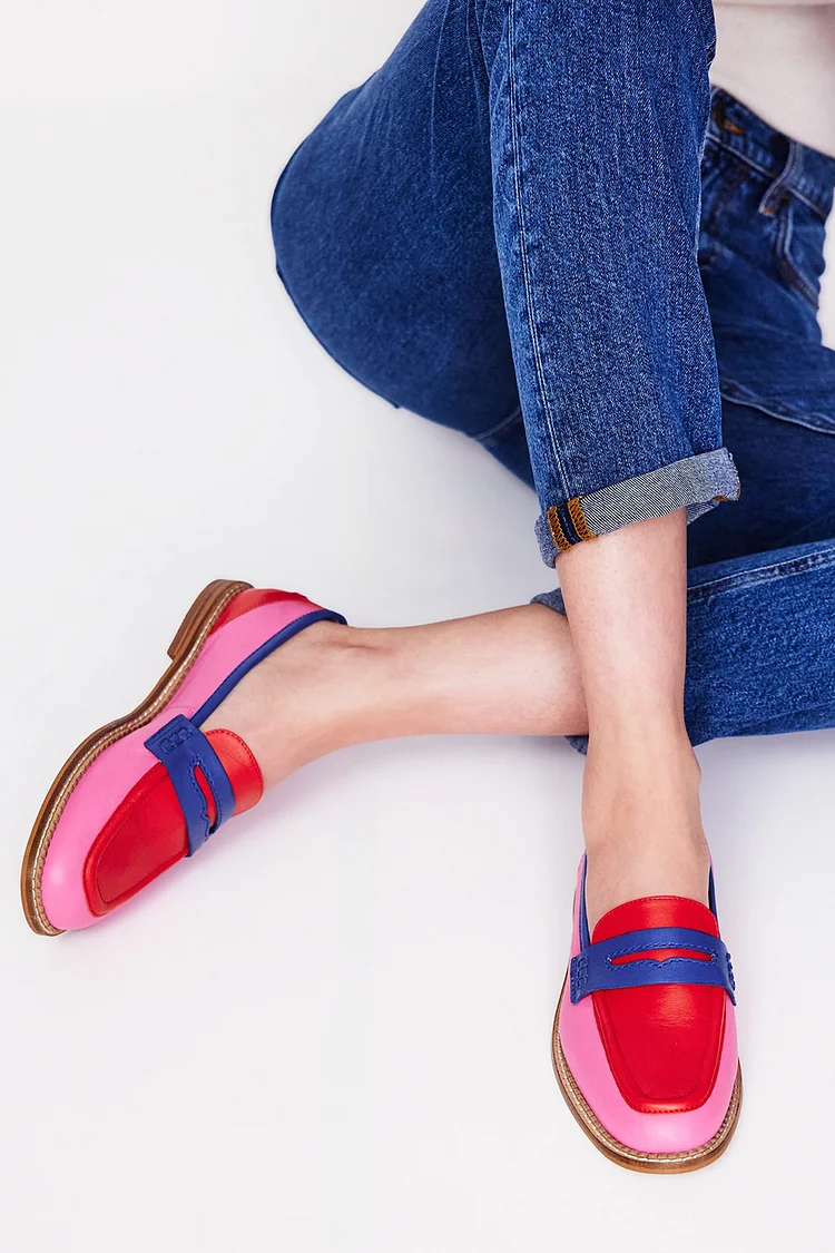 Multicolor Patchwork Round Toe Pink Loafers 