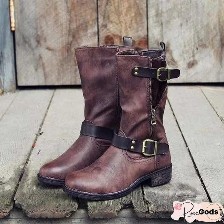 Wide Calf Vintage Mid-Calf Boots With Buckle Faux Leather Elastic Band Casual Boots