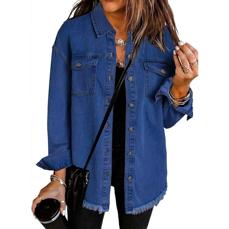 ✨Hot Sale 50% OFF🔥Oversized Fringe Denim Jean Jacket with Pocket
