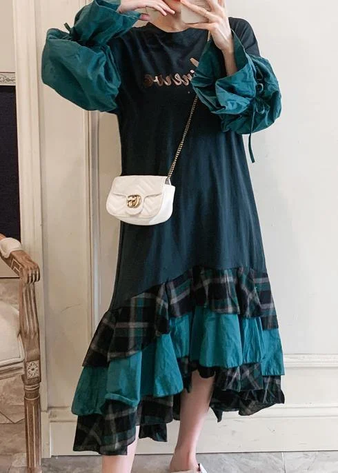 Modern O Neck Ruffles Spring Tunic Pattern Work Outfits Green Letter Plus Size Dresses