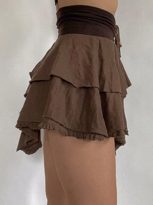 Brownm Lace Double Layer Mini Skirts