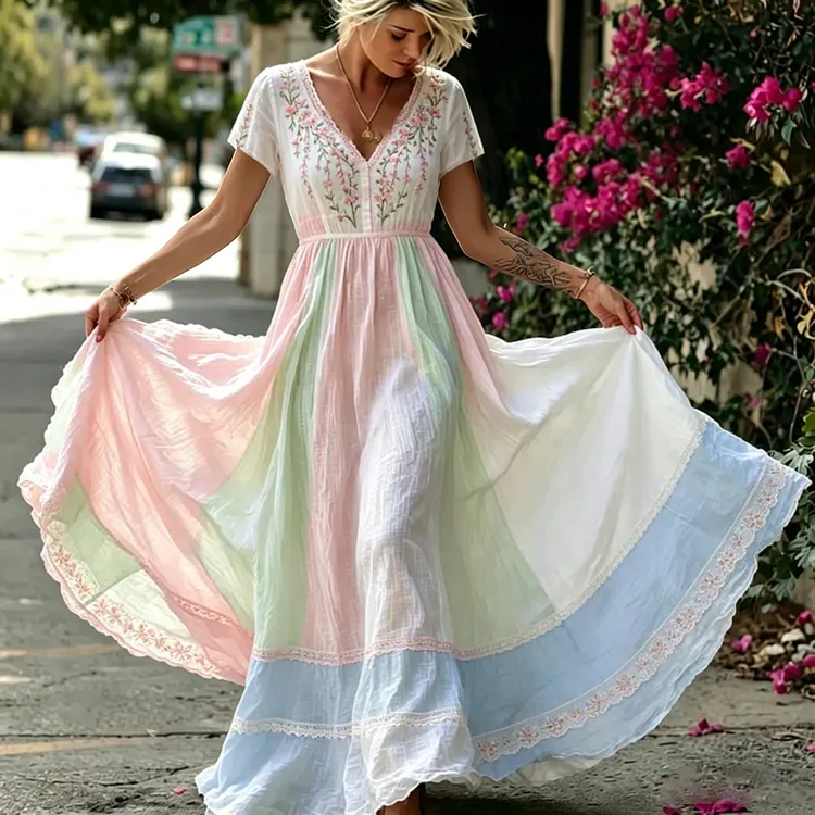 Women's Rose Floral And Lace Art Embroidery Spliced Comfortable Cotton Linen Blend Resort Maxi Dress
