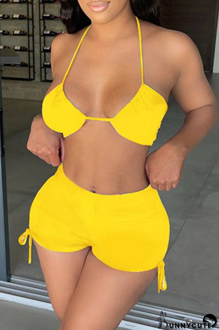 Yellow Fashion Sexy Solid Bandage Backless Halter Sleeveless Two Pieces