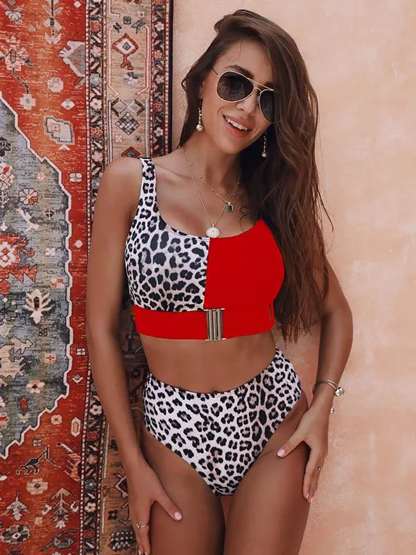 Stitching Leopard Empire Bikini Swimsuit