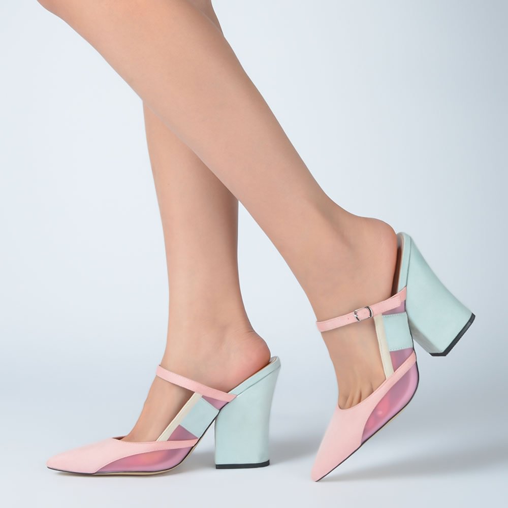 Multicolor Pointed Toe Block Heel Mules