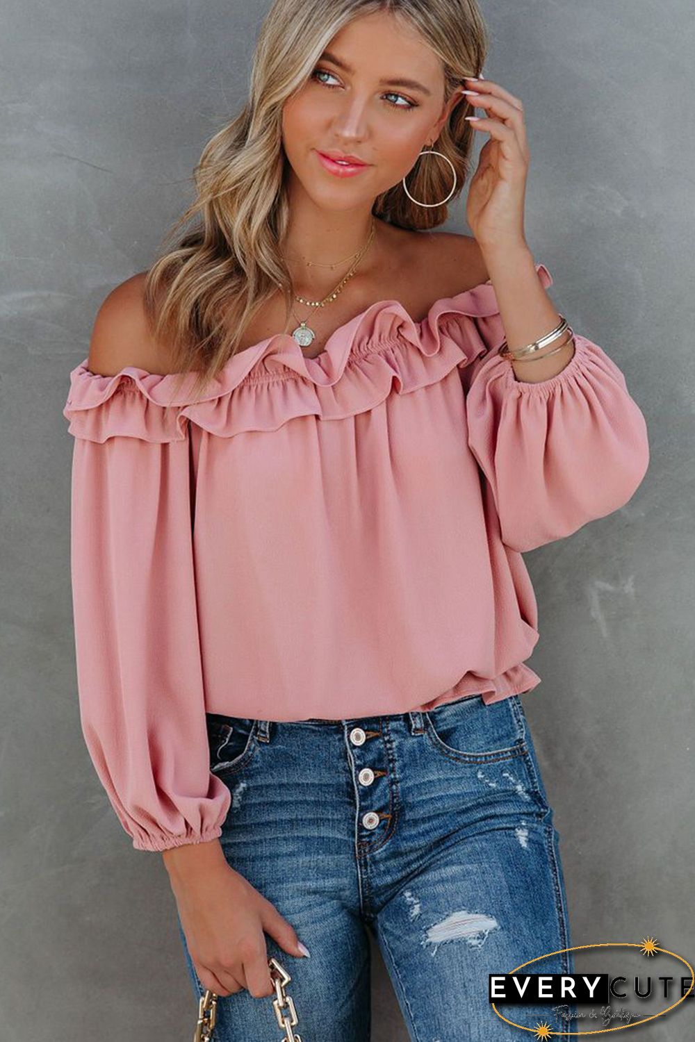 Pink Puff Sleeve Ruffled Off Shoulder Blouse