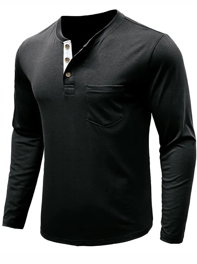 Men's Pocket Colored Cotton Bottoming Henley Top PLUSCLOTHESMAN