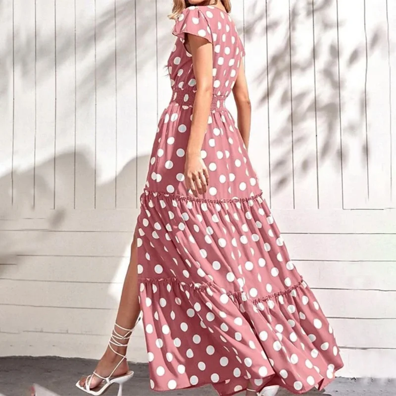 Toloer Toloer Spot 2023 Summer New Women's Fashion V-Neck Short Sleeve Side Slit In The Long Polka Dot Dress-Outfit Ideas