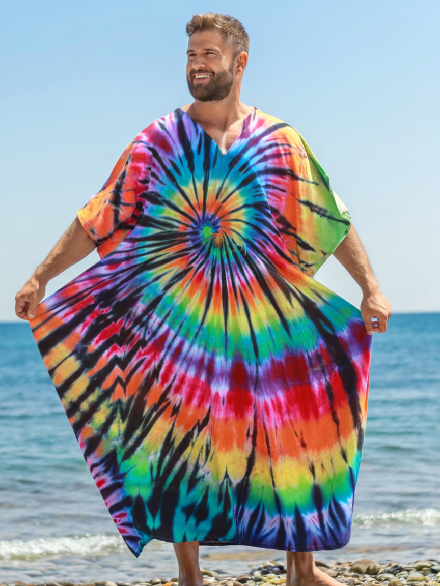 Men's CottonRainbow Tie-dye Printed Long Kaftan