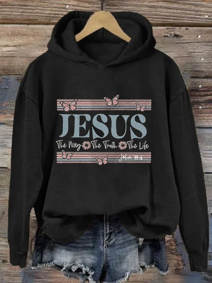 Women's Casual Jesus Print Hoodie Long Sleeve Sweatshirt