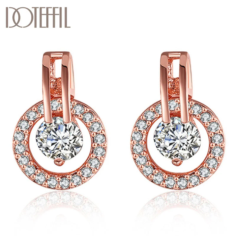 DOTEFFIL 925 Sterling Silver AAA Zircon 18K Gold/Rose Gold Pearl Flowers Charm Earrings Women Jewelry