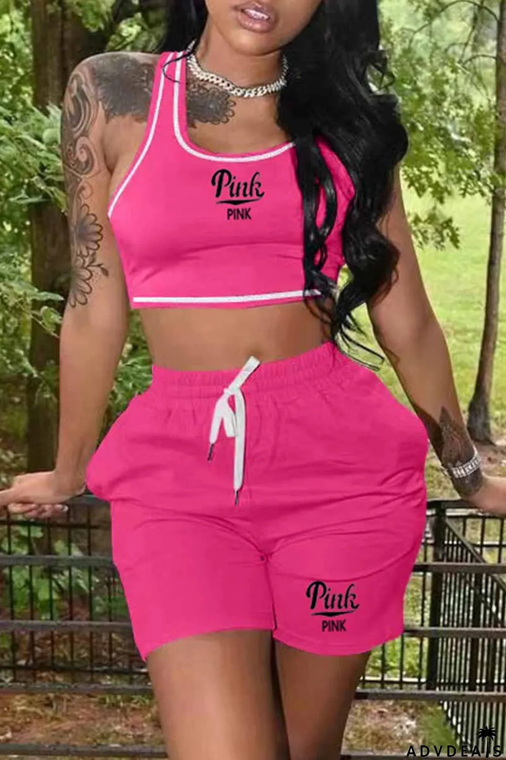 Blue Casual Print Letter U Neck Sleeveless Two Pieces