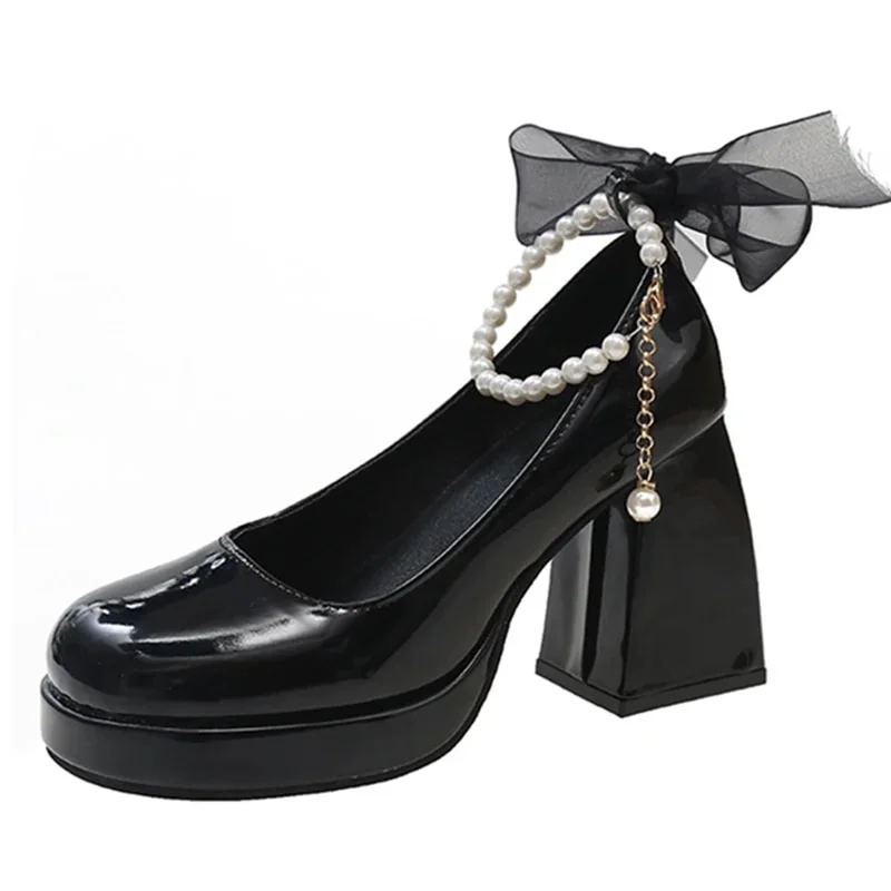Zhungei Ankle Strap Platform Pumps for Women Super High Heels Patent Leather Mary Jane Shoes Woman Lace Bowknot Dress Shoes Ladies