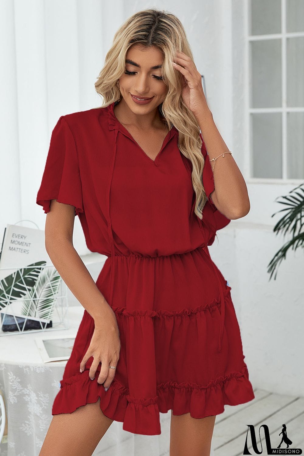 MidiSono - Tie Neck Frill Trim Short Sleeve Mini Dress