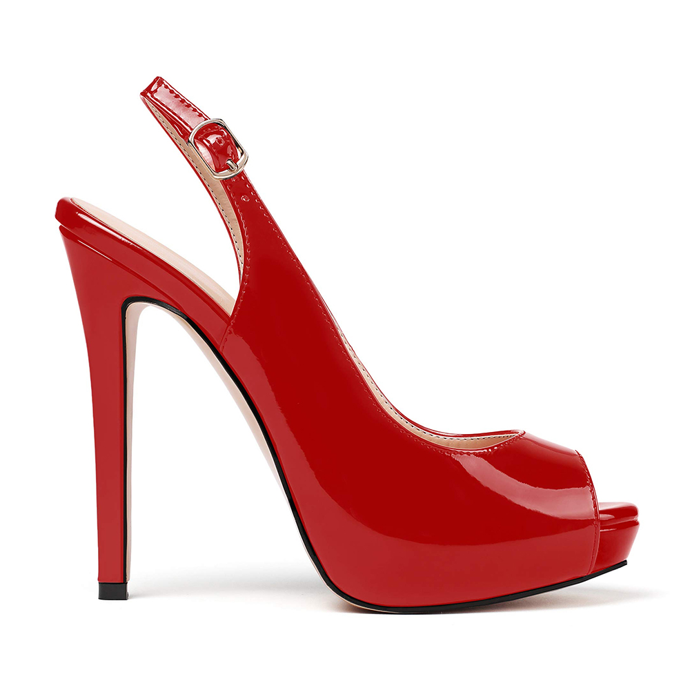 120mm Strap Slingback Sandals Peep Toe Platform Stilettos Red Patent Heels-vocosishoes