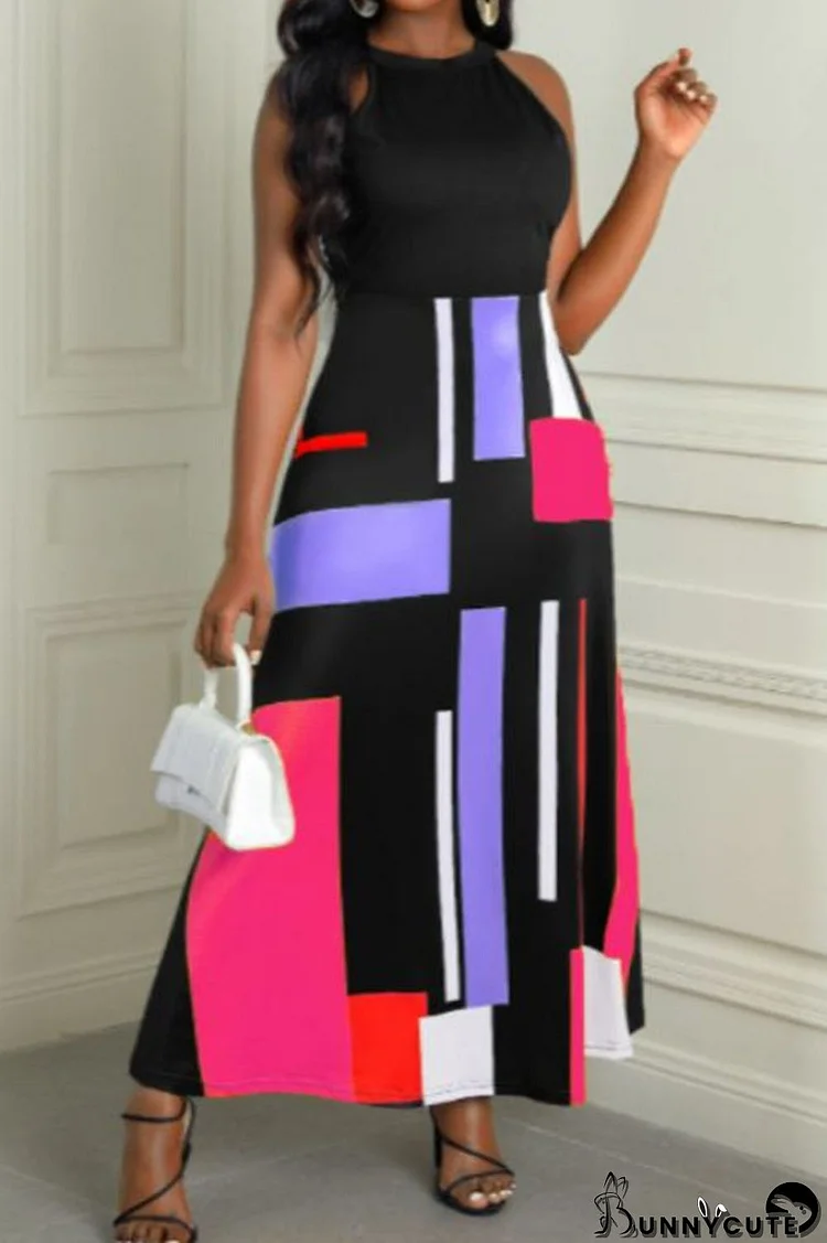 Rose Red Casual Color Lump Print Patchwork O Neck A Line Dresses