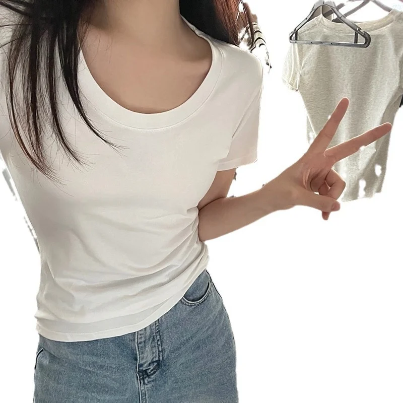 Brownm Brownm U Collar Short T-Shirt Female 2024 Summer New Slim Hot Girl With Waist Half Sleeve Shirt Bottom Small Top