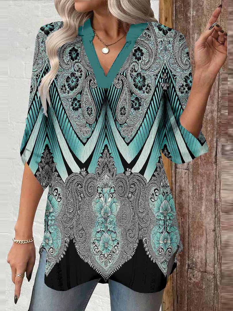 Women Retro,  Green,  Black DZGA0423 3/4 Sleeve V-neck Printed Graphic Button Tops
