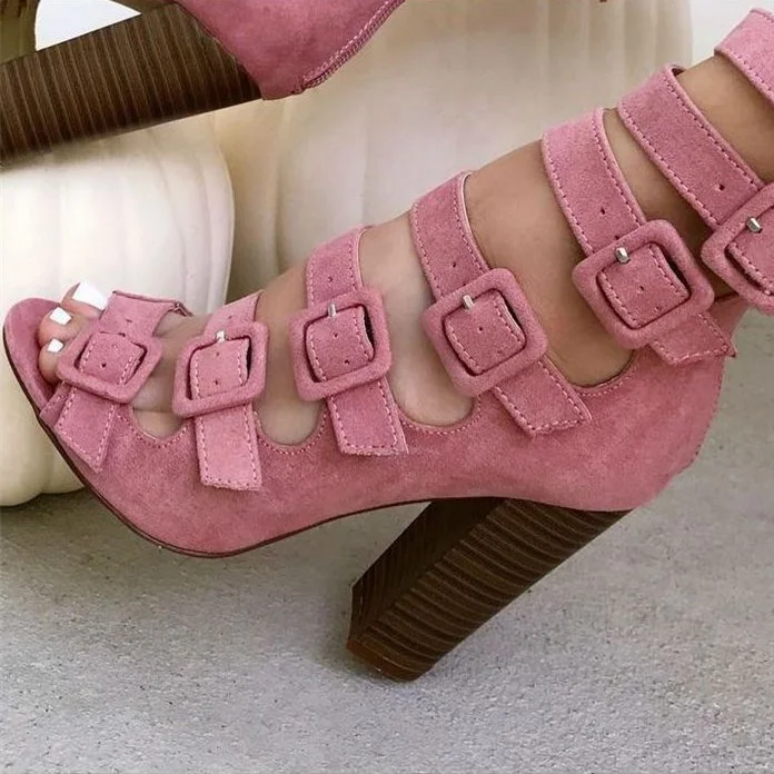 Pink Block Heel Sandals Peep Toe Buckles Suede Chunky Heels |FSJ Shoes