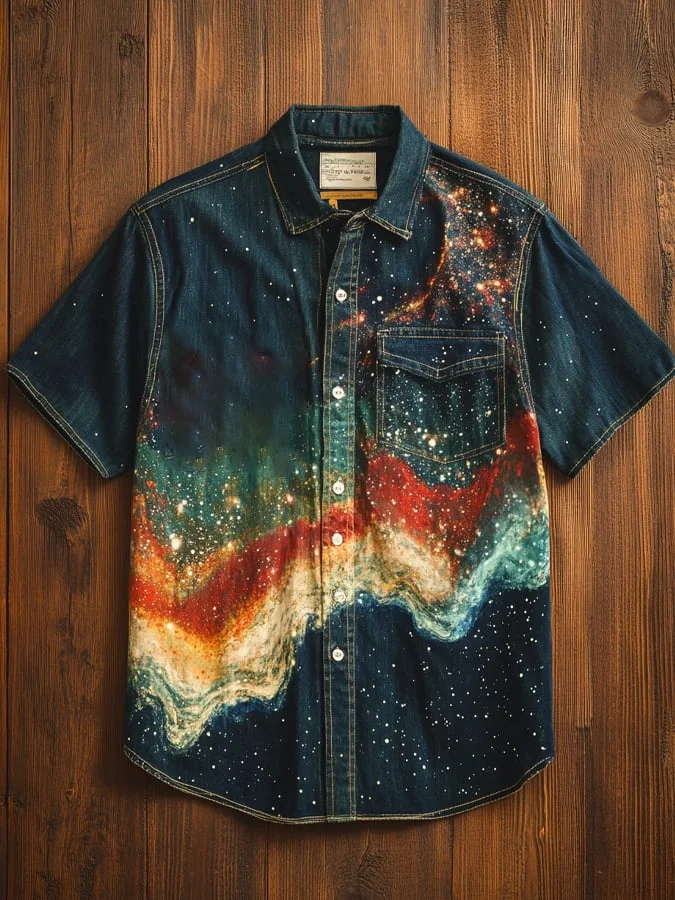 Men's Vintage Distressed Starry Aurora Pocket Short Sleeve Shirt 