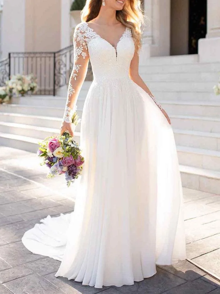 Daisda Long Sleeves Lace Tulle Wedding Dress