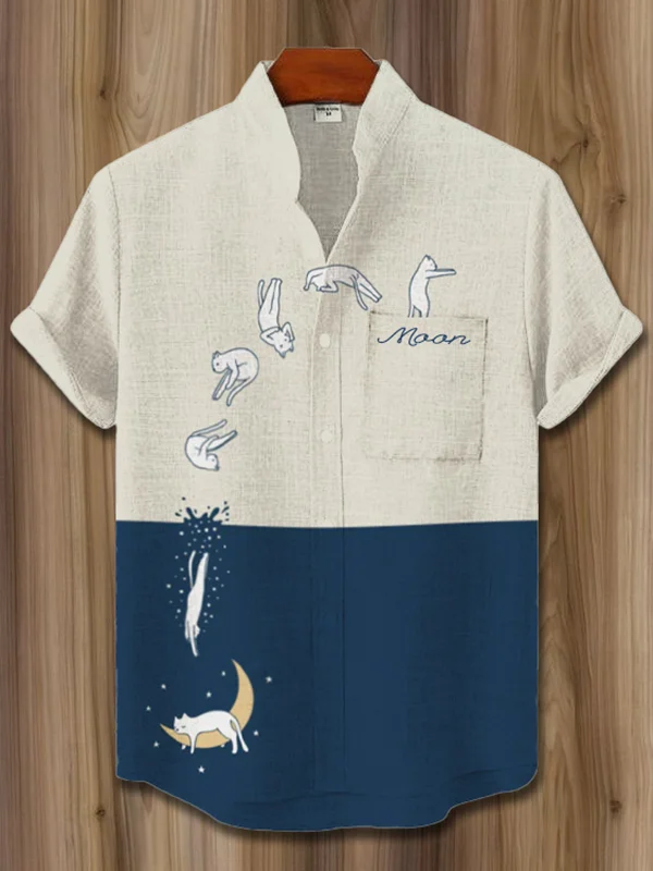 Men's Color Block Funny Cat Moon Chest Pocket Art Print Linen Blend Shirt